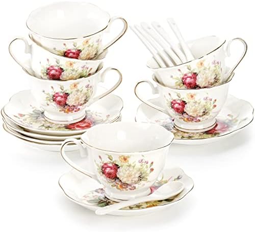 Foraineam čajne čajeve i tanjuri set 6, cvjetni čaj za čaj sa zlatnim oblogom, 6 oz porculana bjelokosti