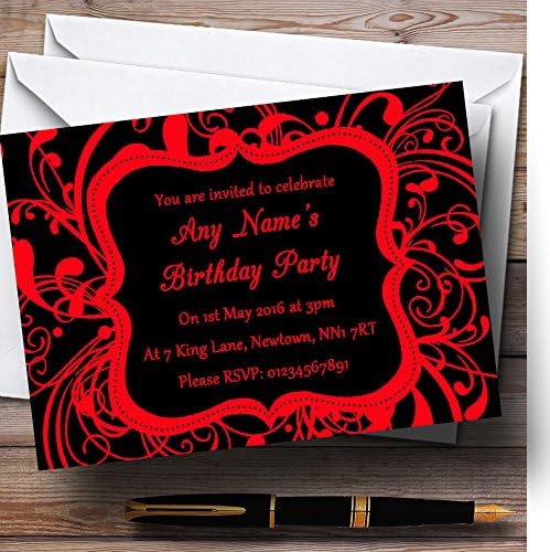 Crno-crvene vrtložne deko personalizirane pozivnice za rođendan