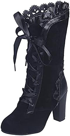 Wasserce čizme za žene sa ženskim ženama Goth čizme crna slatka luk srednja teletska čizme Mid Heels čipka guzače