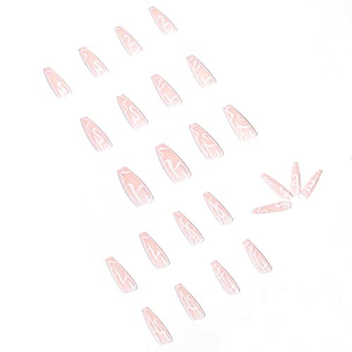 Extra Long Pink False Nails 24PCS Glossy Ballerina Fake Nails Full Cover Coffin Nails with Simple Waves Design for Women Girls Party Salon