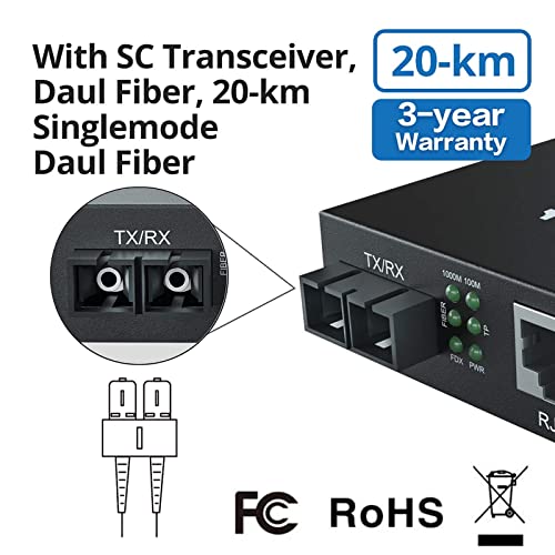 [2-Pack] Single Mode Gigabit Fiber Media Converter, SMF Fiber to Ethernet Converter, 10/100 / 1000Mbps