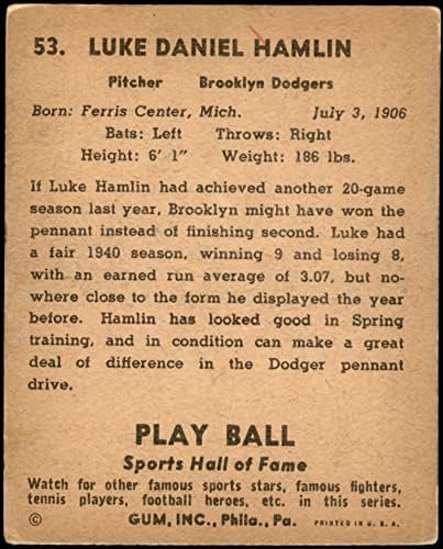 1941 Igrajte loptu 53 Luke Hamlin Brooklyn Dodgers VG Dodgers