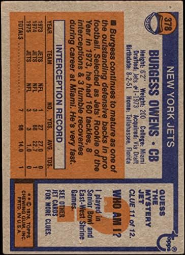 1976 TOPPS Regular Card 378 Burgess Owens New York Jets Grupe Dobar