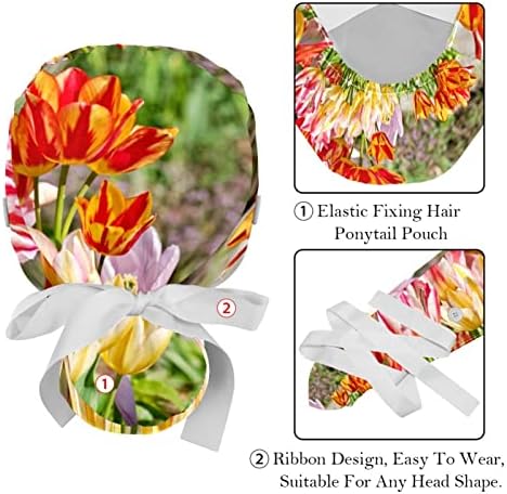 Medicinske kape za žene sa tipkama Long Hair, 2 komada Podesiva radna kapa, proljetni tulip cvijet cvjeta