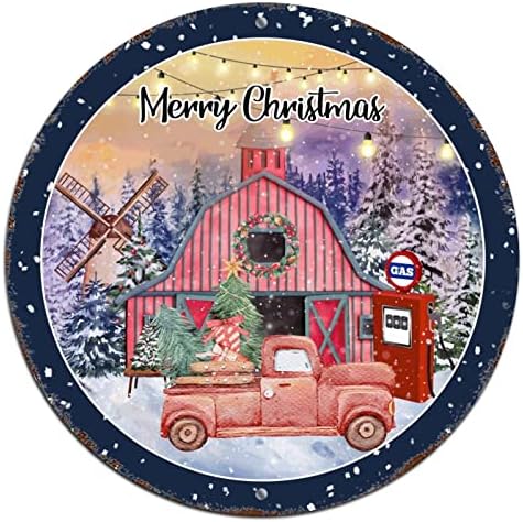Sretan božićni vijenac potpisuje božićni kamion benzinska pumpa okrugla metalna kosilica božićna zidna
