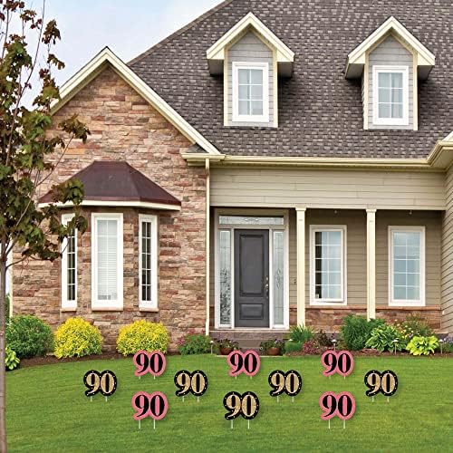 Velika tačka sreće Chic 90. rođendan - ružičasta, crna i zlatna ukrasa za travnjak - vanjski rođendanski