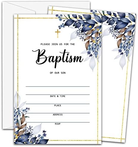 Doqpo plavi cvjetni pozivnici za krštenje, akvarel plavi i pozlaćeni pozivni pozivnici, baptizam