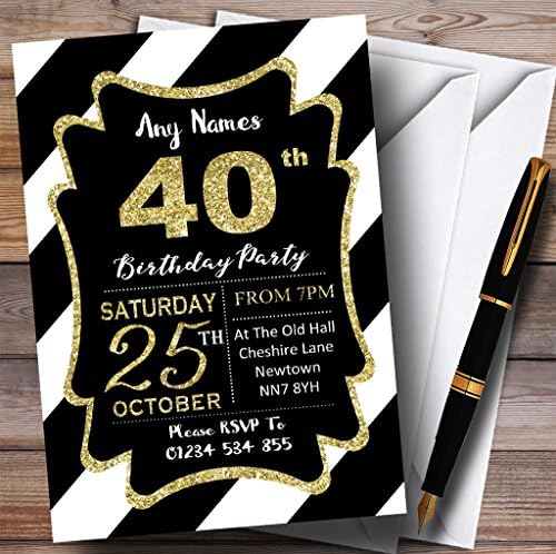 Crno bijele dijagonalne pruge zlatne 40. personalizirane rođendane pozivnice
