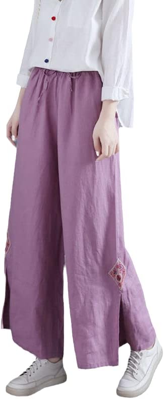 UKTZFBCTW Pamučne pantalone široke noge Žensko ljeto Retro vezom, labavi stil Zen kineske čajne hlače