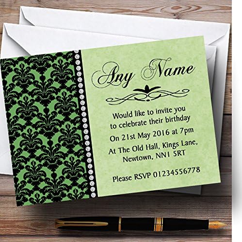 The Card Zoo zelena crna damask & dijamant personalizirani rođendanski pozivnici