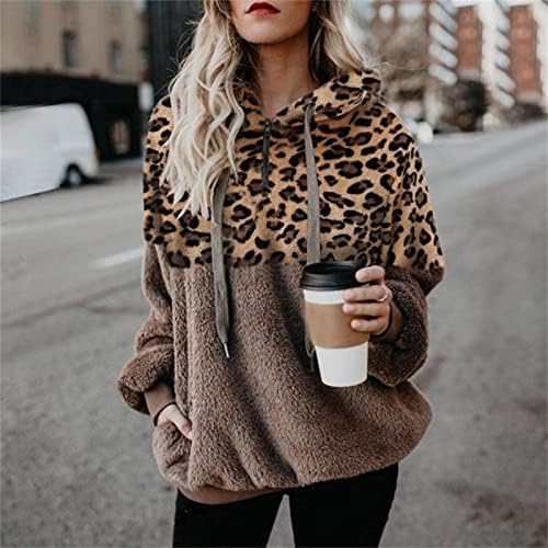 Žene Leopard patentni patentni džemper pulover preveliki kaput od runa džep za patchwork vrhova bluza za