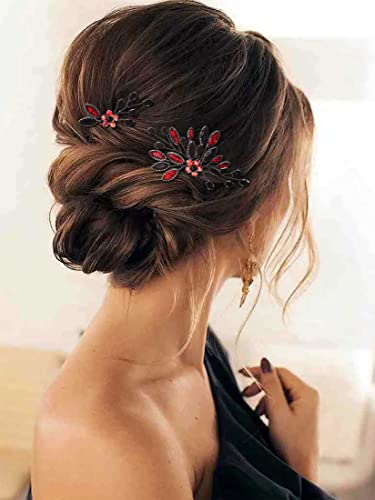 Campsis Wedding Crystal Hair Pins Black Flower Bridal Hair Pieces Bride Floral Wedding Hair