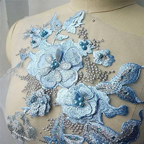 Zyzmh Sky Blue 3D cvijeće perle Rhinestones Aplikacije vezene vjenčane haljine ukras Mrežna tkanina šivati