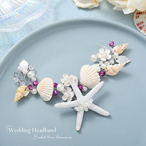 Brishow Starfish Bridal Hair Vine Seashell Bride Wedding Headband Flower Beach Wedding Hair Piece Mermaid hair