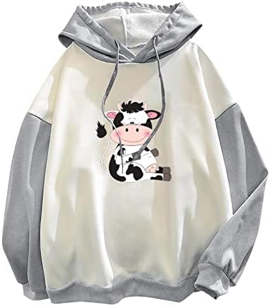 Oplxuo žene Kawaii Cow Hoodie Top, Patchwork slatki kravlji Print sa kapuljačom Duks pulover majice za