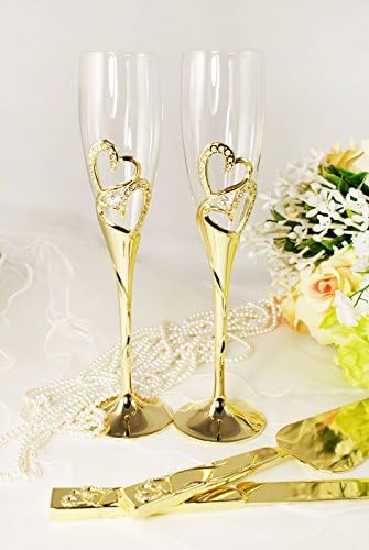 Zlatne Dijamantske Naočare Za Vjenčanje Sa Dvostrukim Srcem Tost Flaute Set