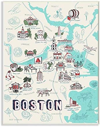 Stupell industrije ilustrativna karta Boston Massachusetts znamenitosti Wall Art, 13 x 19, Multi-boja