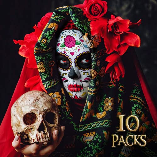 Dan mrtvih lica tetovaže, 10 paketa Día de los Muertos Privremeni kontejner za lice, kostim za noći