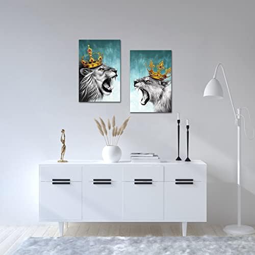 Ihappywall 2 komada Set Lion par platna zidna Umjetnost Lav i lavica Zlatna kruna kralj slika životinja