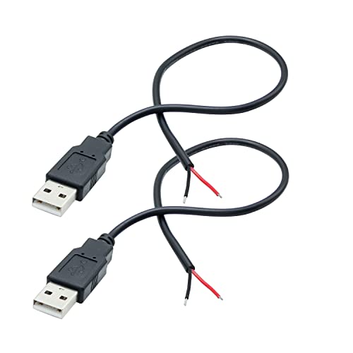 2pcs kratak USB 2.0 muški 2-pinski goli žica, 30cm / 11.8in USB 12V / 3A pigtail otvoreni krajnji kabl,