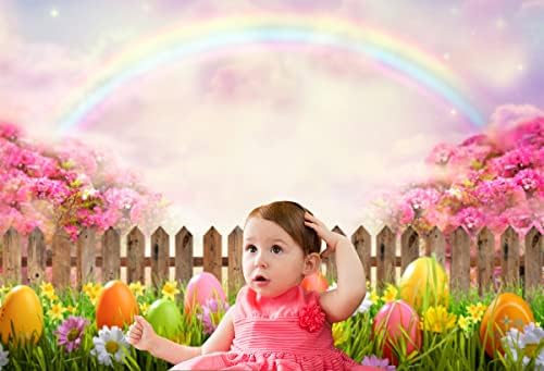 7x5ft Uskršnja fotografija Backdrop Duybow nebo Šarena jaja Fotografija Booth Prop Pozadina travnata cvjetna