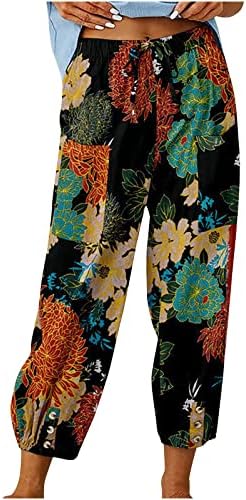 Ženske lanene kapris pantalone letnje Casual cvetne pantalone sa širokim nogama pantalone sa vezicama